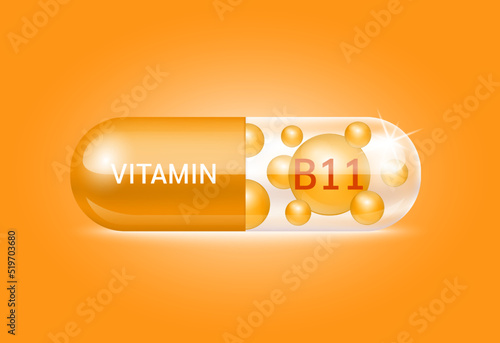 Capsule vitamin B11 structure orange and white It's transparent and vitamin pill is on inside. Beauty concept. Personal care. 3D Vector Illustration. transparent capsule pill. Drug business concept.
