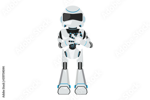 Business flat cartoon style drawing robot with pleased expression keep hands on chest, impressed gratitude, thankful feeling. Modern robotic artificial intelligence. Graphic design vector illustration