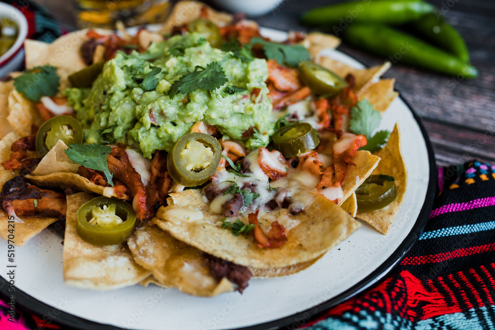 Mexican nachos chips with american cheese and avocado, traditional food in Mexico Latin America	
