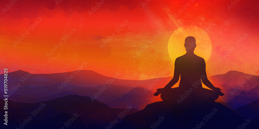 Yoga studio, sun mandala with wavy rays, human silhouette in meditating or yoga pose with morning lights background