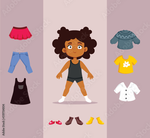 Girl Thinking What to Wear Dress up Game Vector Design. Little child wardrobe fashion concept design character
