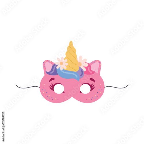Pink unicorn children carnival mask flat vector illustration isolated on white.