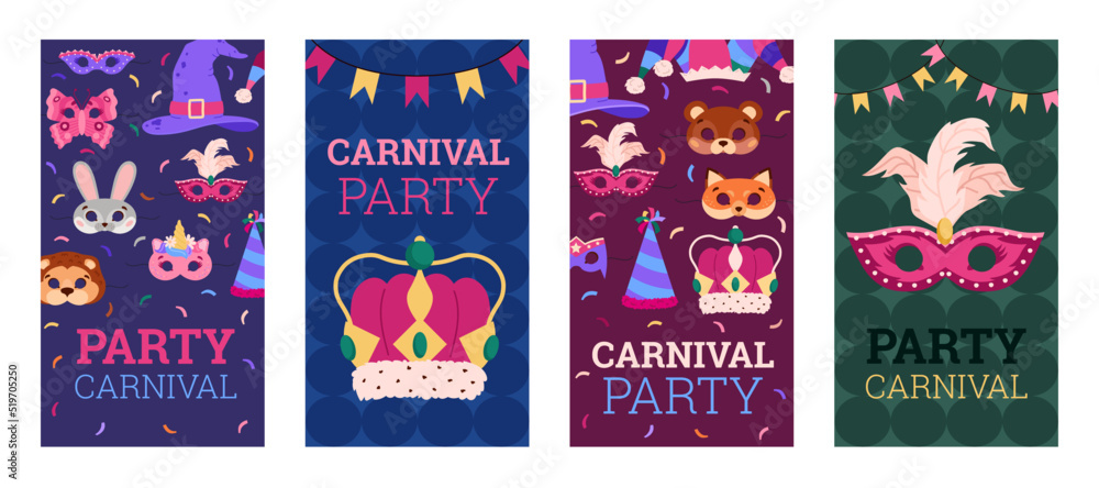 Set of colorful invites for party carnival flat style, vector illustration