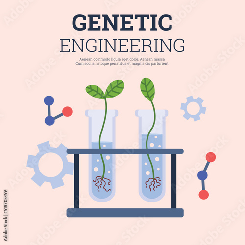 Genetically engineering banner with lab equipment flat vector illustration.