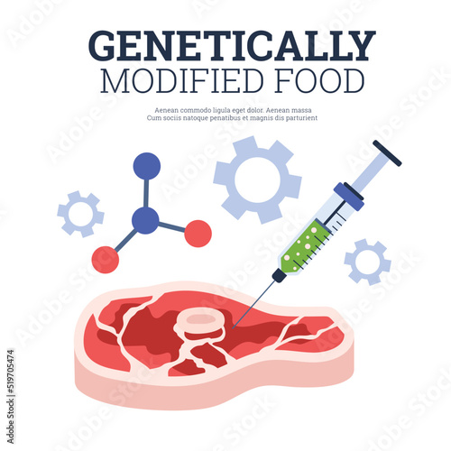 Genetically modified food poster template with text, flat vector illustration on white background.