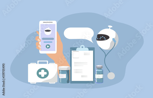 vector illustration in flat style on the theme of online pharmacy. electronic bot and various medicines