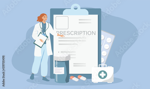 vector illustration in flat style om the theme of medicine and pharmacology. doctor, prescription for medicines, jars and blisters with pills. 