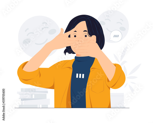 Shy woman covering face with hand and peeking through hand, girl embarrassed, shying concept illustration