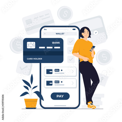 E wallet, digital payment, online transaction with woman standing and holding mobile phone concept illustration photo