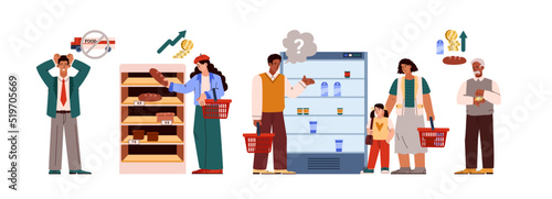 People shocked and disappointed with food prices vector illustration isolated.