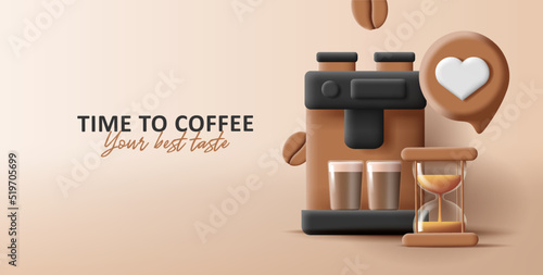 3d illustration of coffee machine with glass clock and mugs, time for coffee banner