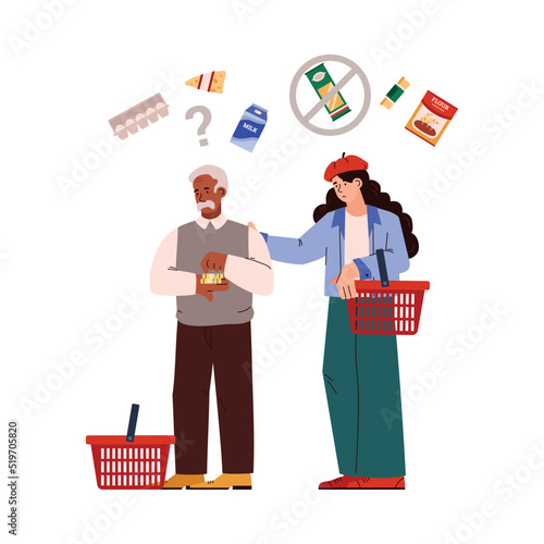 People with shopping baskets can not afford expensive food, flat vector illustration isolated on white background.