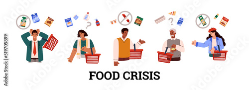 Food crisis banner or poster with frustrated people, flat vector illustration.