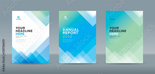 Modern random transparent triangle shape blue and green color theme book cover template for annual report magazine