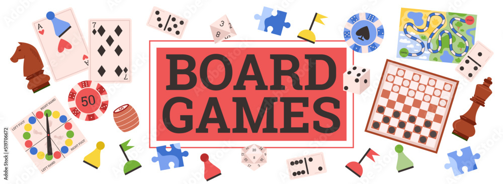 Board Games Banner Or Poster With Various Games Flat Vector board-games-banner-or-poster-with-various-games-flat-vector