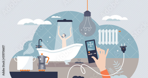 Energy consumption and water heating with electricity tiny person concept. Natural gas usage for home climate control and radiators vector illustration. Domestic lighting or kitchen cooking appliances