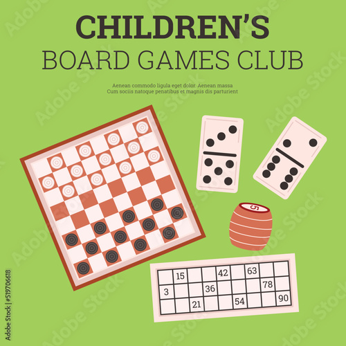 Children’s board games club advertising poster, flat vector illustration.