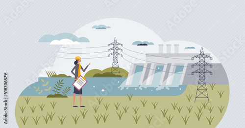 Green collar workers as profession for ecological power production and development tiny person concept. Sustainable and nature friendly occupation with renewable and clean energy vector illustration.