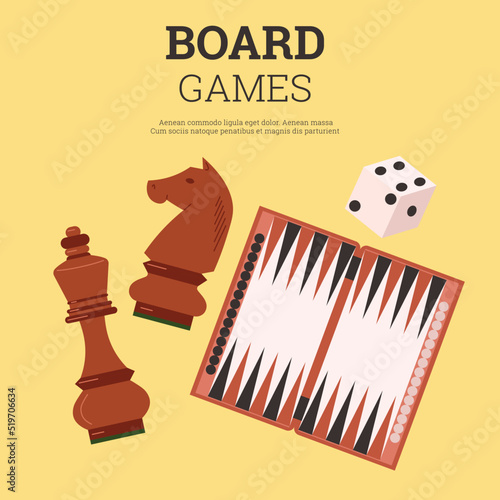 Board games banner poster for entertainment activities flat vector illustration.