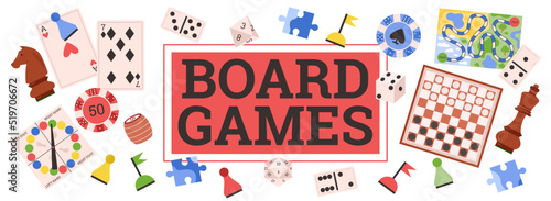 Board games banner or poster with various games, flat vector illustration.
