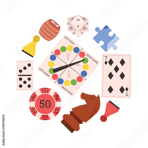 Board games combined in a circle element flat vector illustration isolated.