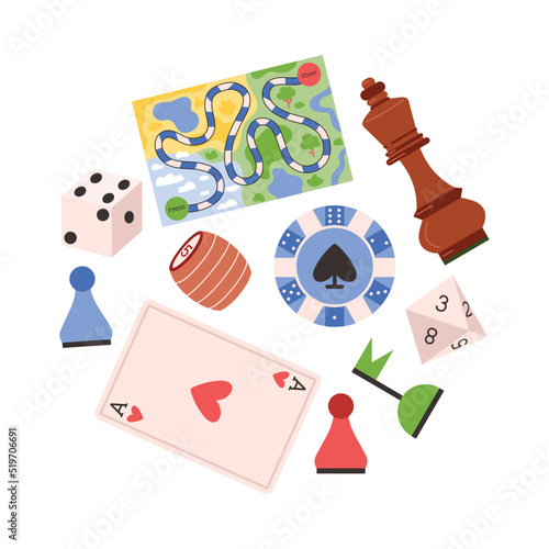 Board games elements - dice, chess piece and playing card, flat vector illustration isolated on white background.