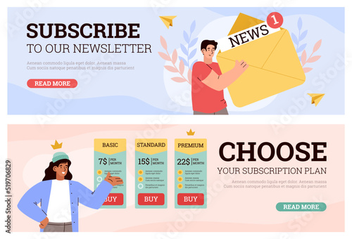 Web banners set with concept of newsletter and services subscription, flat vector illustration.