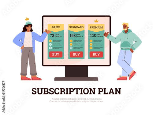 People showing available subscription plans on computer screen, banner flat vector illustration.