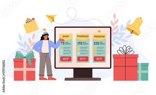 Woman and huge computer monitor with various subscription rates flat style