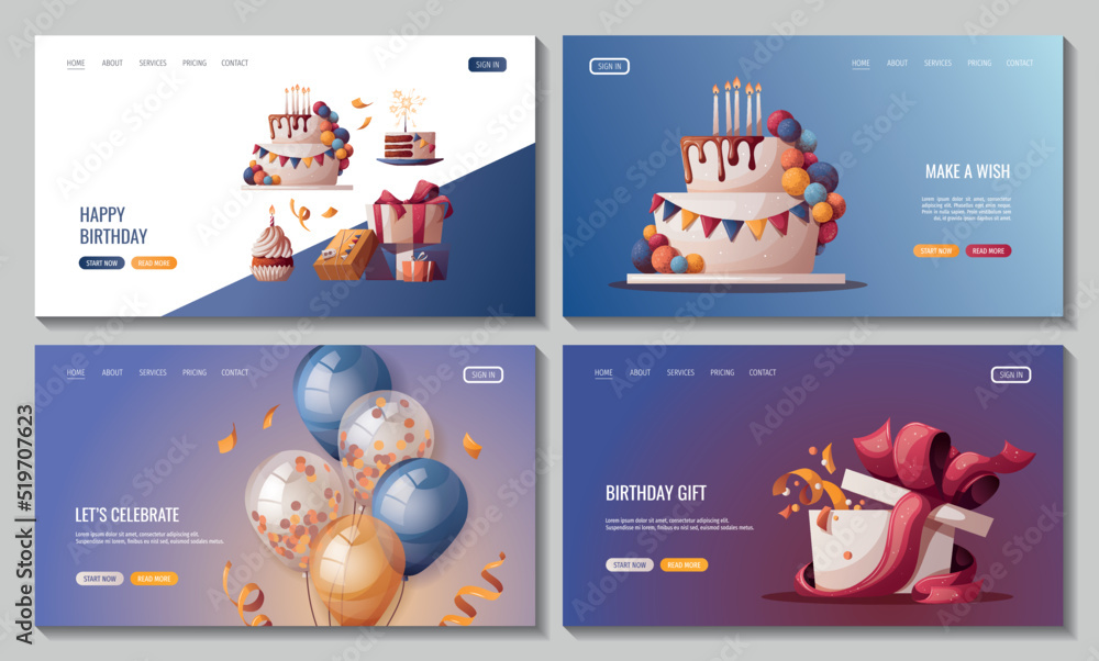 Set of web pages with Birthday cake, cupcake, gifts, balloons, confetti. Birthday party, celebration, holiday, event, festive, bakery, tasty food concept. Vector illustration. Set of web pages with Birthday cake, cupcake, gifts, balloons, confetti. Birthday party, celebration, holiday, event, festive, bakery, tasty food concept. Vector illustration.