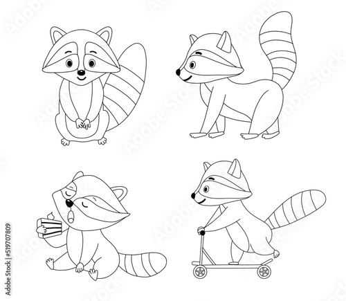 Set of line Funny cute raccoon. Vector outline illustration of small raccoon character isolated on white for coloring page