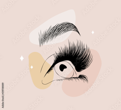 Vector logotype design for eyelashes extension studio. Hand drawn female eyes. Modern design for beauty salon. Linear icon isolated on beige background.