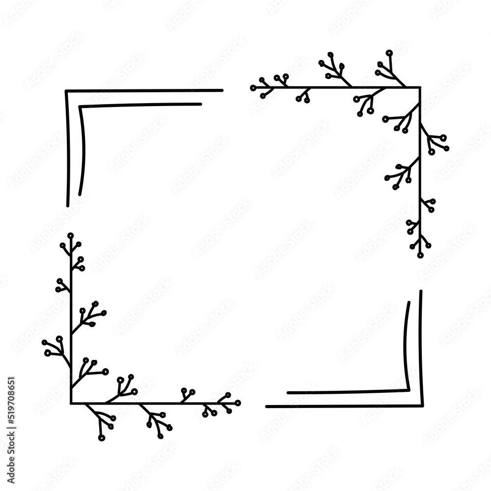Fototapeta premium Geometric square floral empty frame with branches and flowers. Elegant herbs or blossoms. Vector botanical outline borders set