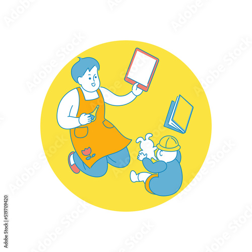 タブレットを使って子供をお世話する保育士のイラスト
