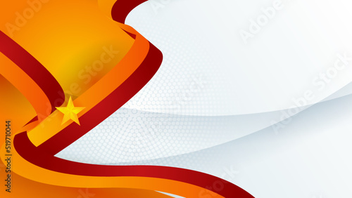 Modern red and orange flag star ribbon halftone and podium design background. Abstract background with trendy color for presentation design, flyer, social media cover, banner, nation festival banner