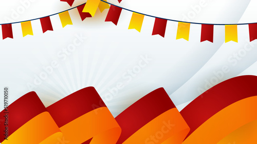 Modern red and orange flag star ribbon halftone and podium design background. Abstract background with trendy color for presentation design, flyer, social media cover, banner, nation festival banner