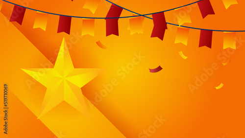 Modern red and orange flag star ribbon halftone and podium design background. Abstract background with trendy color for presentation design, flyer, social media cover, banner, nation festival banner