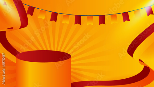 Modern red and orange flag star ribbon halftone and podium design background. Abstract background with trendy color for presentation design, flyer, social media cover, banner, nation festival banner