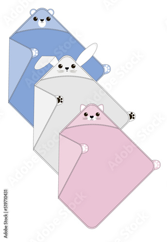 Towel for newborns with a corner in the form of a hood and with bear, bunny and kittn design. Technical sketch. Vector illustration