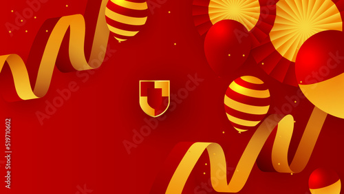 Modern red and orange flag star ribbon halftone and podium design background. Abstract background with trendy color for presentation design, flyer, social media cover, banner, nation festival banner