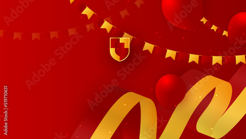Modern red and orange flag star ribbon halftone and podium design background. Abstract background with trendy color for presentation design, flyer, social media cover, banner, nation festival banner