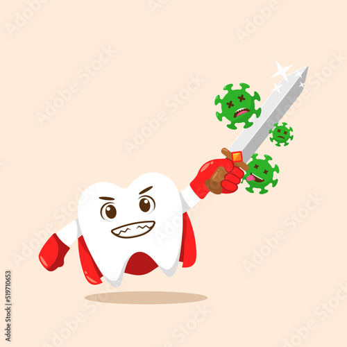 tooth hero fighting bacteria with sword vector illustration