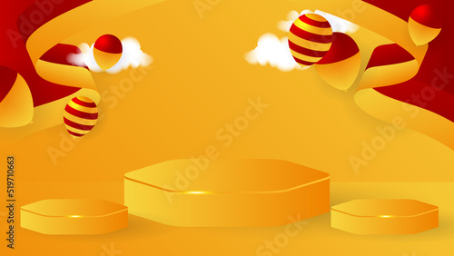 Modern red and orange flag star ribbon halftone and podium design background. Abstract background with trendy color for presentation design, flyer, social media cover, banner, nation festival banner