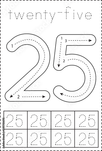 Tracing number twenty five. Preschool worksheet. Black and white.