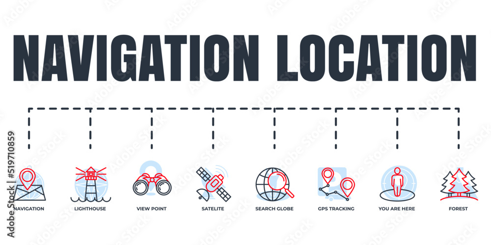 Navigation, location banner web icon set. satellite, you are here, navigation, search globe, gps tracking, forest, view point, lighthouse vector illustration concept. Navigation, location banner web icon set. satellite, you are here, navigation, search globe, gps tracking, forest, view point, lighthouse vector illustration concept.
