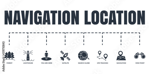 Navigation, location banner web icon set. satellite, you are here, navigation, search globe, gps tracking, forest, view point, lighthouse vector illustration concept.