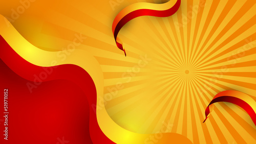 Modern red and orange flag star ribbon halftone and podium design background. Abstract background with trendy color for presentation design, flyer, social media cover, banner, nation festival banner