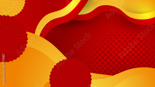 Modern red and orange flag star ribbon halftone and podium design background. Abstract background with trendy color for presentation design, flyer, social media cover, banner, nation festival banner