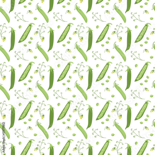 Seamless pattern of green peas on white background in hand-drawn style. Healthy vegetables. Vector illustration for decor, wrapping paper, print