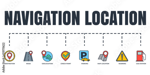 Navigation, location banner web icon set. warning, road, check point, gas station, parking, destination, map location vector illustration concept.